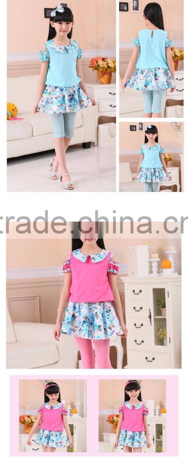 Girls new sets cotton flowers printed dress sets short sleeve sets