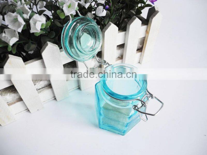 kitchen utensils mini hexagon glass cruet bottle with metal latch top lid