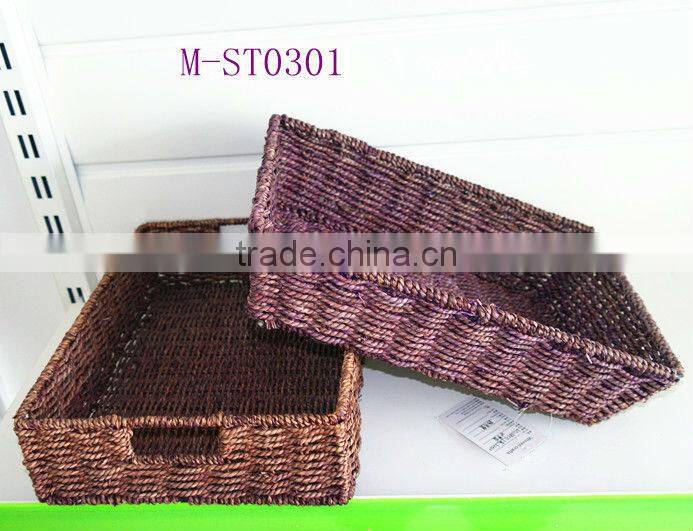 Purple rectangle straw storage basket with pink canvas liner