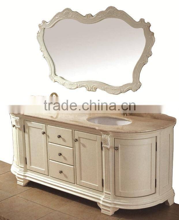 Italian Neo Classic White and Golden Custom Solid Wood Single Basin Bathroom Cabinet with White Marble Countertop BF12-06134a