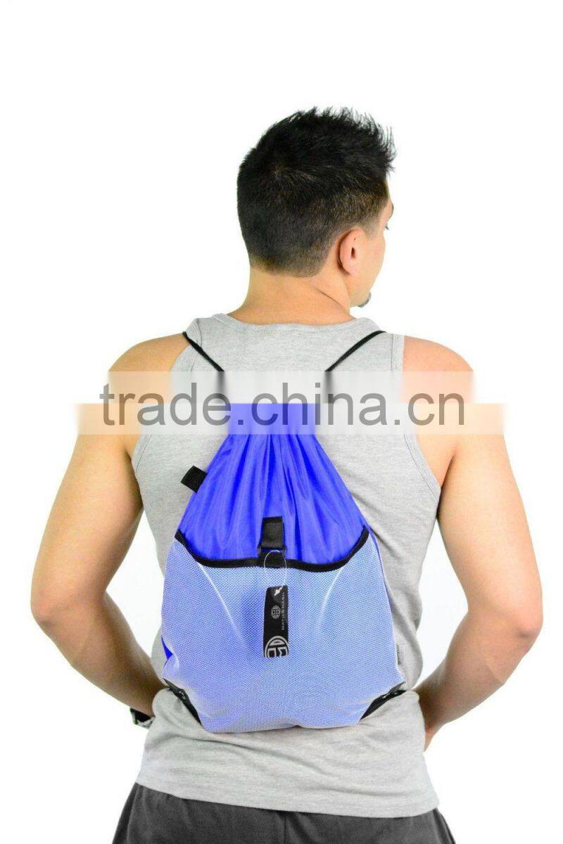 Promotional Custom Designed Mesh Drawstring Backpacks/Wholesale string bags with front mesh pockets