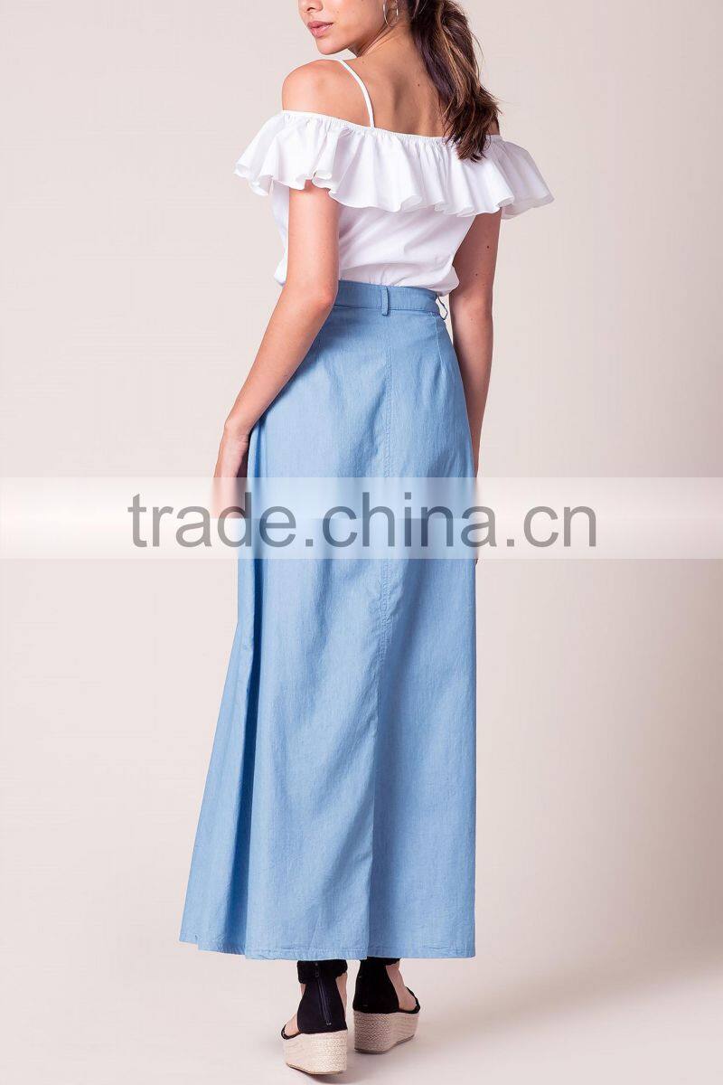 2017 New design women button front banded waist chambray maxi skirt