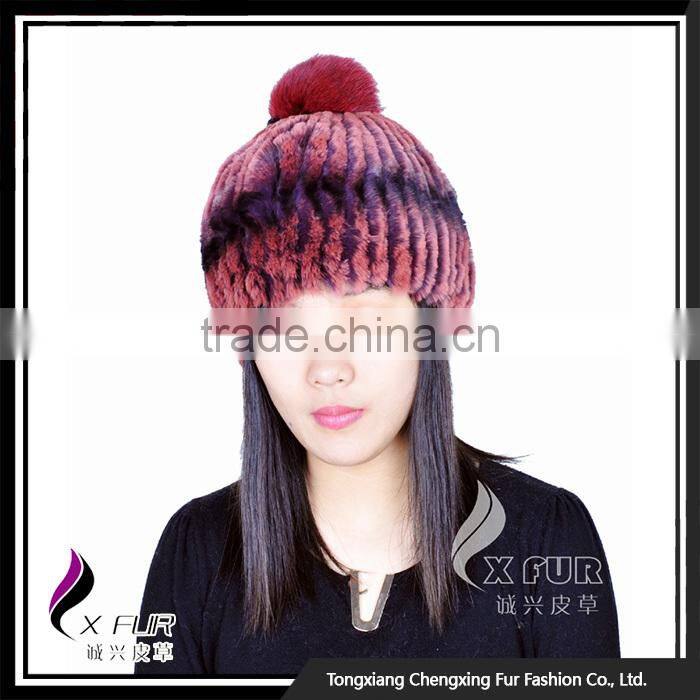 CX-C-58E Girls Fashion Wholesale Rex Rabbit Knitted Fur Hats Caps With Fur Ball