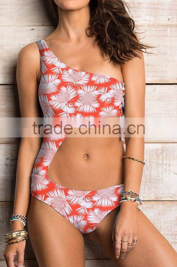 ladies palm print and side cut out one-piece swimwear