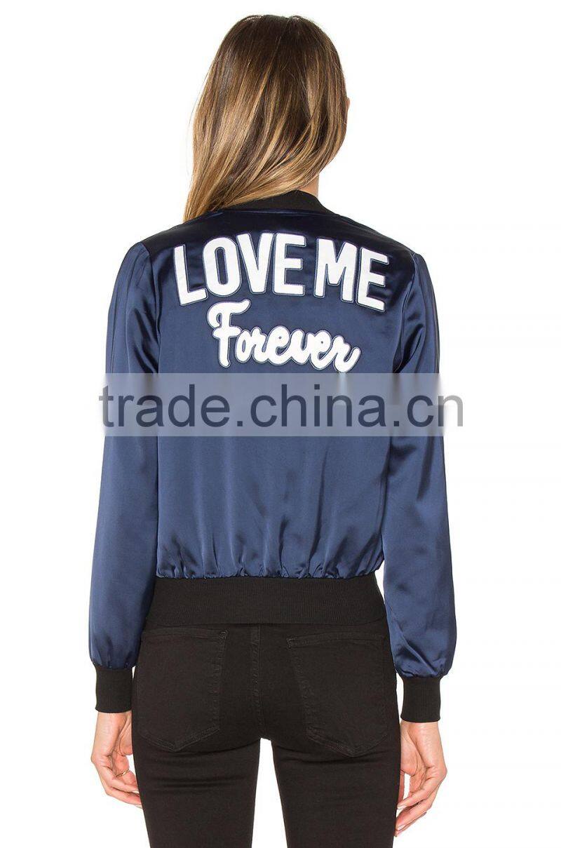OEM Latest Lettering LOVE ME Back Embroidered Patch Bomber Jacket Customize 100% Polyester /Satin Jacket For Women