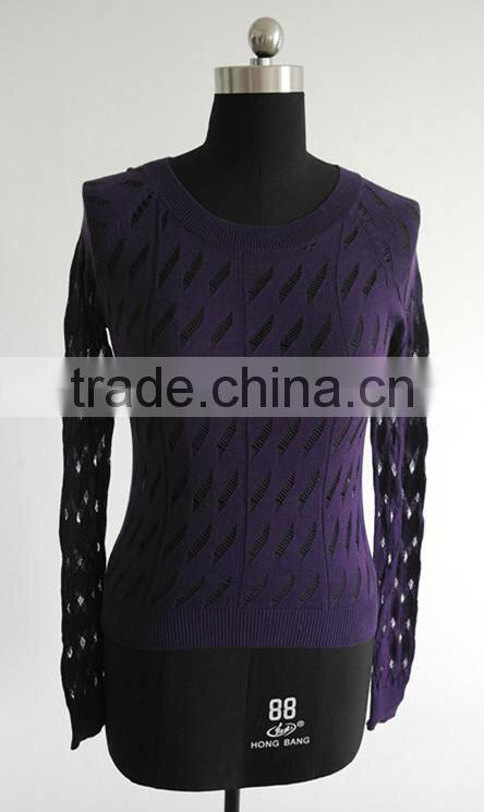ladies purple color ajour knitted pullover sweater 2014