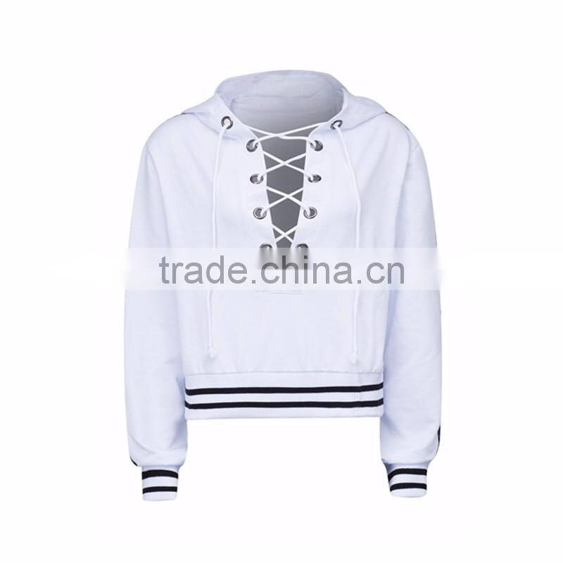 Girls White Plunge Laced Up Front Stripe Trims Hoodie Manufacturer