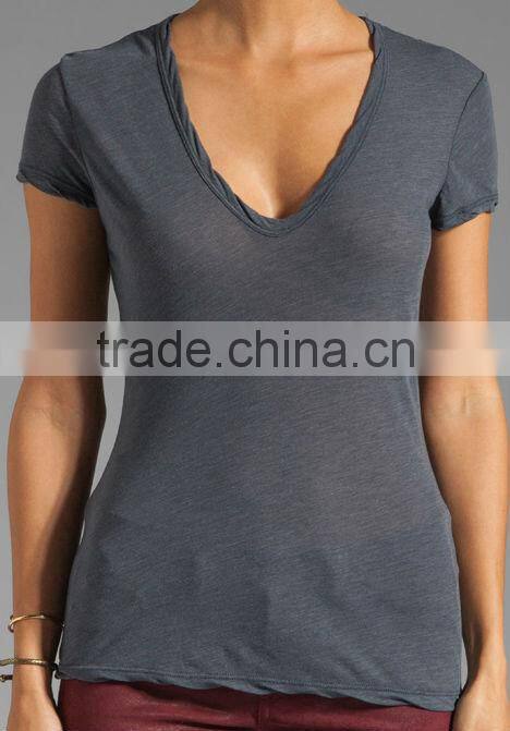 cotton polyester soft v neck short sleeve plain t-shirts for women