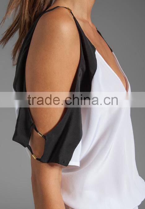 contrast color blocking elastic waist combo top