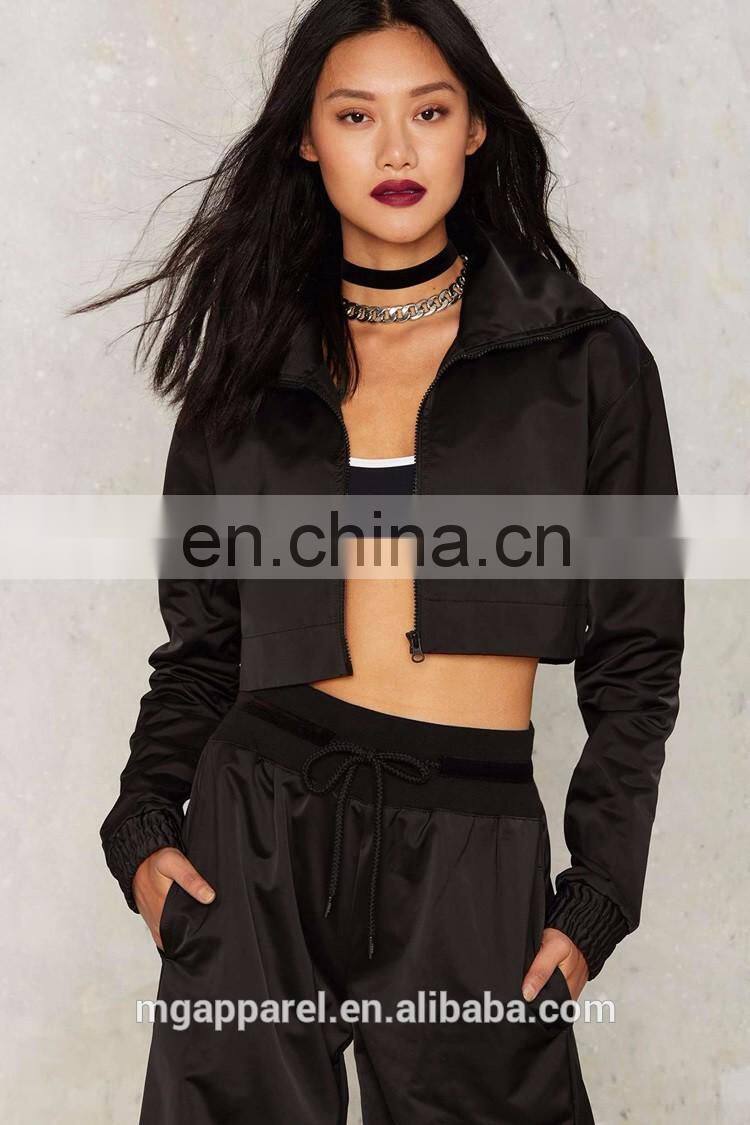 Wholesale woman coats and jackets, women high neck black track jacket