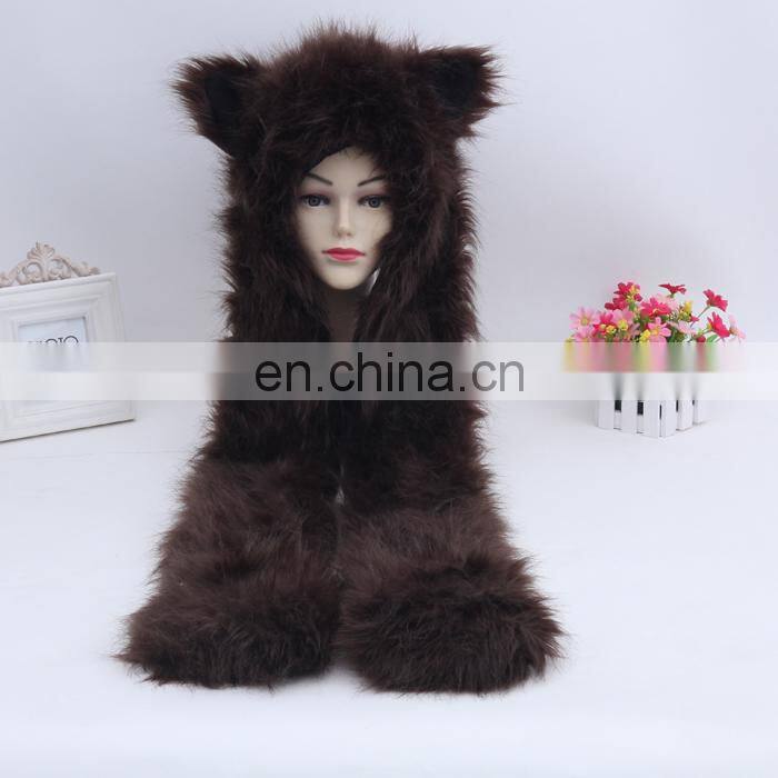 Plush Brown Bear Spirit Hoods Furry Animal Plush Hats With Mittens