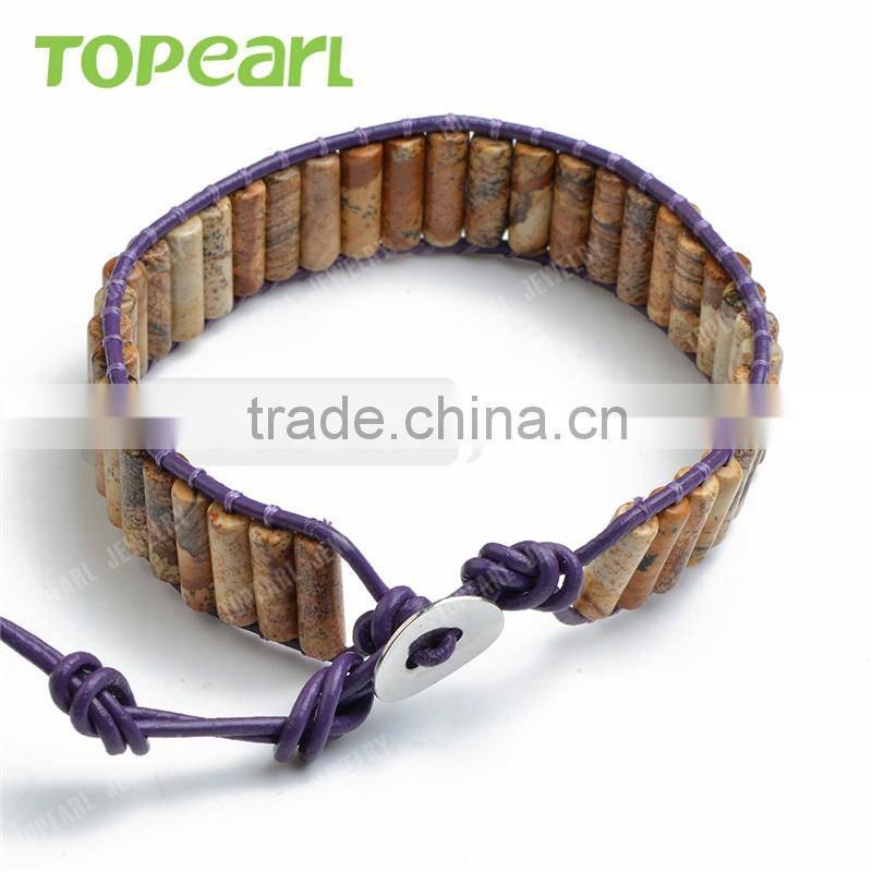 Topearl Jewelry Picture Jasper Fashion Bracelet Woven Leather Wrap Bangle 7.5 Inches CLL124