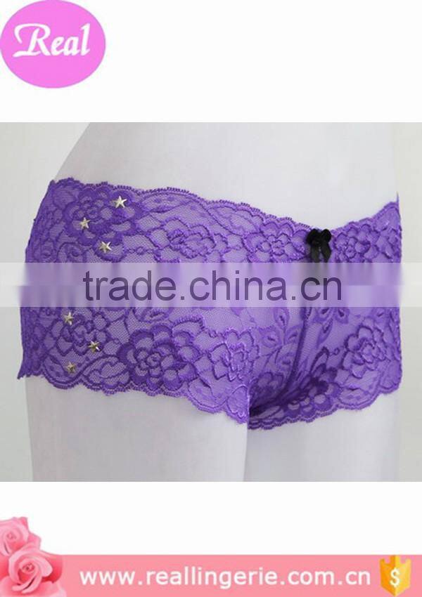 purple sexy full lace transparent woman panties with star metal decorated