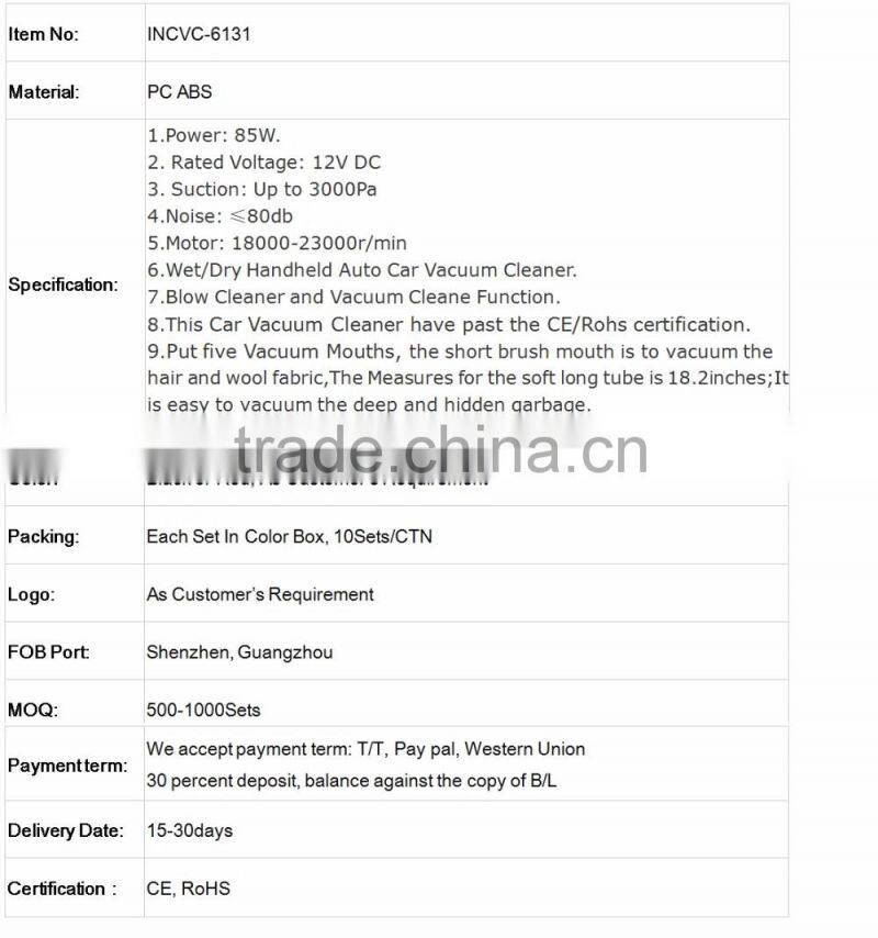 Blow Cleaner And Vacuum Clean Function 12V 85W Car Auto Car Vacuum Cleaner