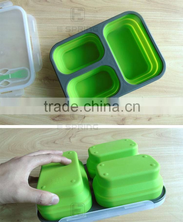 3 compartment Portable Collapsible Silicone Food Storage Container with Lid