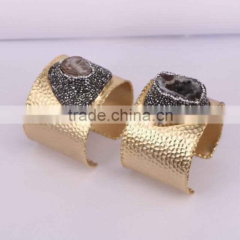 Fashion Metal Brass Plated Gold Druzy Bangles, Natural Agate Geode Gem stone Bangle, with Pave Crystal Quartz Stone Bangles