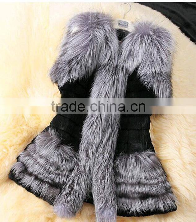 factory price koreal style long silver fox fur trim rabbit fur vest