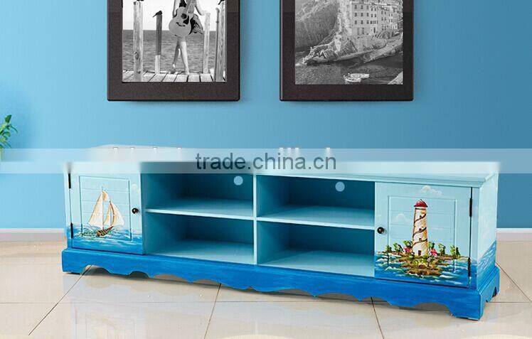 Mediterranean Style TV Cabinet, Sailing Boat Handpainting TV Stand, Solid Wood Living Room TV Cabinet (BF01-X1156)