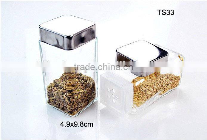 china supplier clear square glass spice jar double cap with metal lid