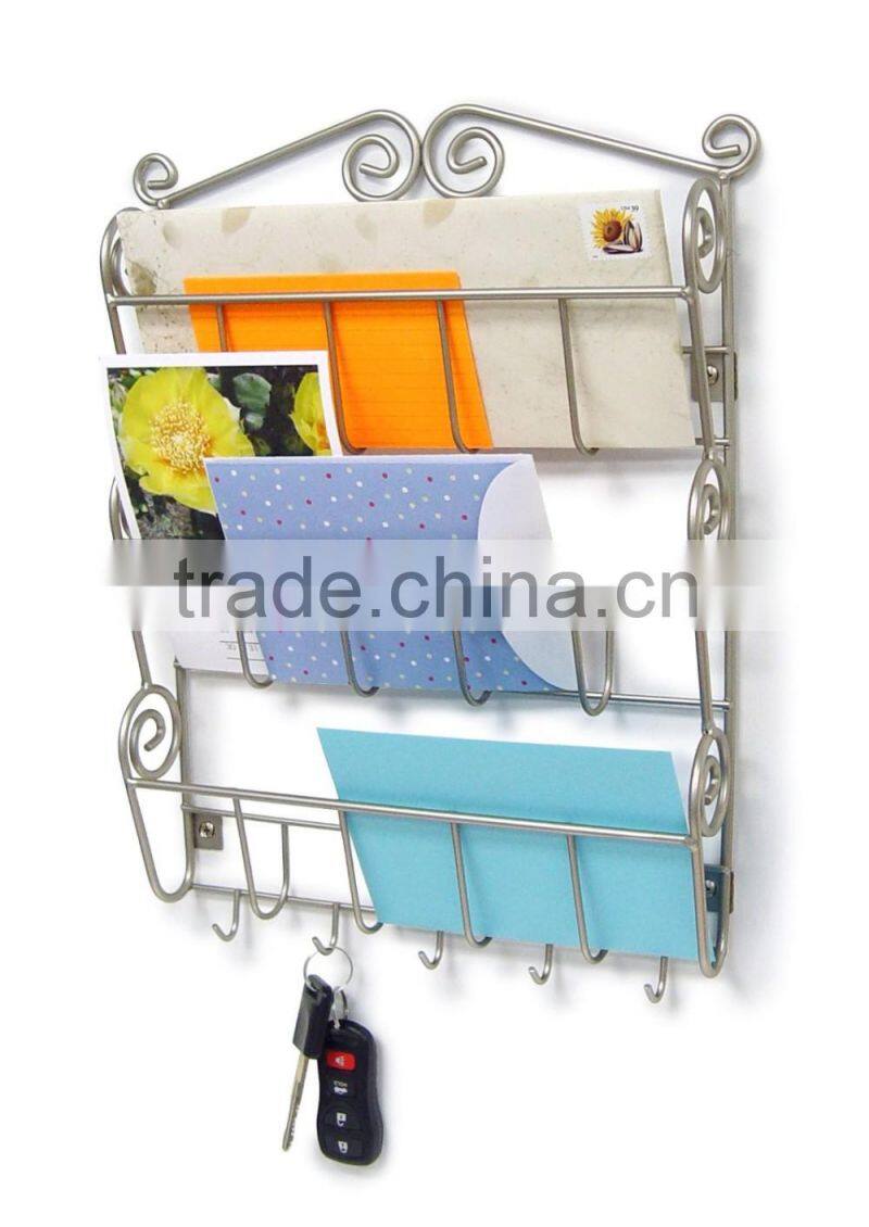 Scrollwork Design Black Metal 3 Tier Wall Mounted Mail Sorter and Key Holder Storage Organizer Rack