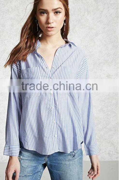 Woman long sleeve striped button down basic collar curved hem cotton blouse