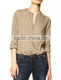 Banded collar blouse shirts two pockets casual fashion shirts for ladies