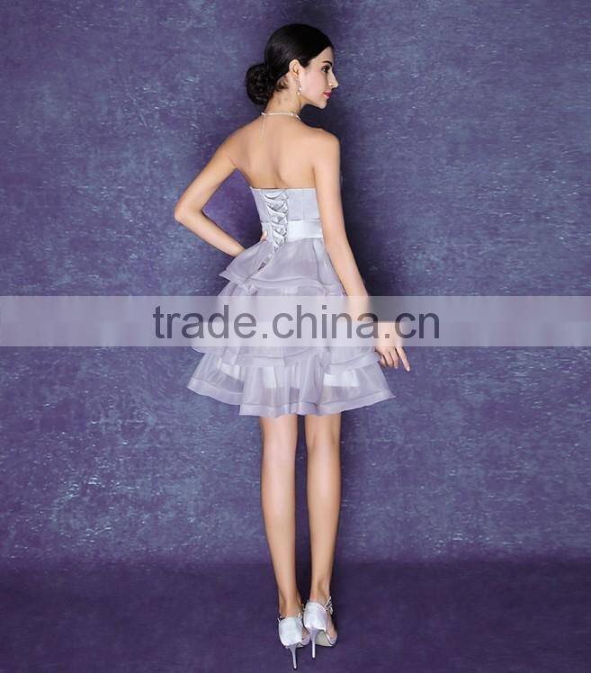 latest short knee length organza night purple evening dress