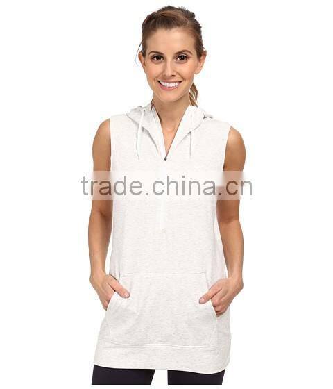 women vest waistcoats with hooded sleeveless half-zip hoodie white and gray color