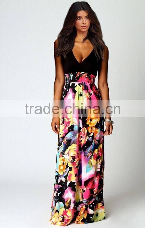 2016 NEW Fashion print floral dress deep V-neck sleeveless maxi dress
