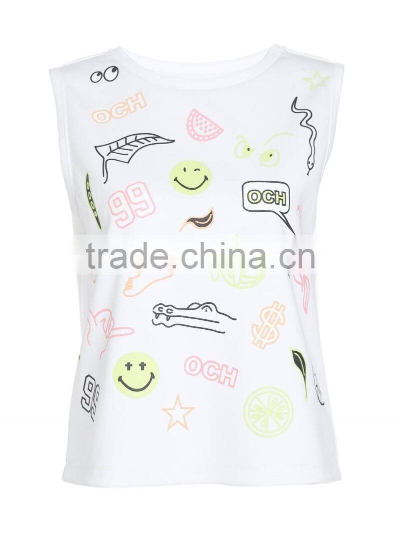 Women's Cartoon Screen Printing Cute Sleeveless O-neck 100% Cotton Loose Tank Tops