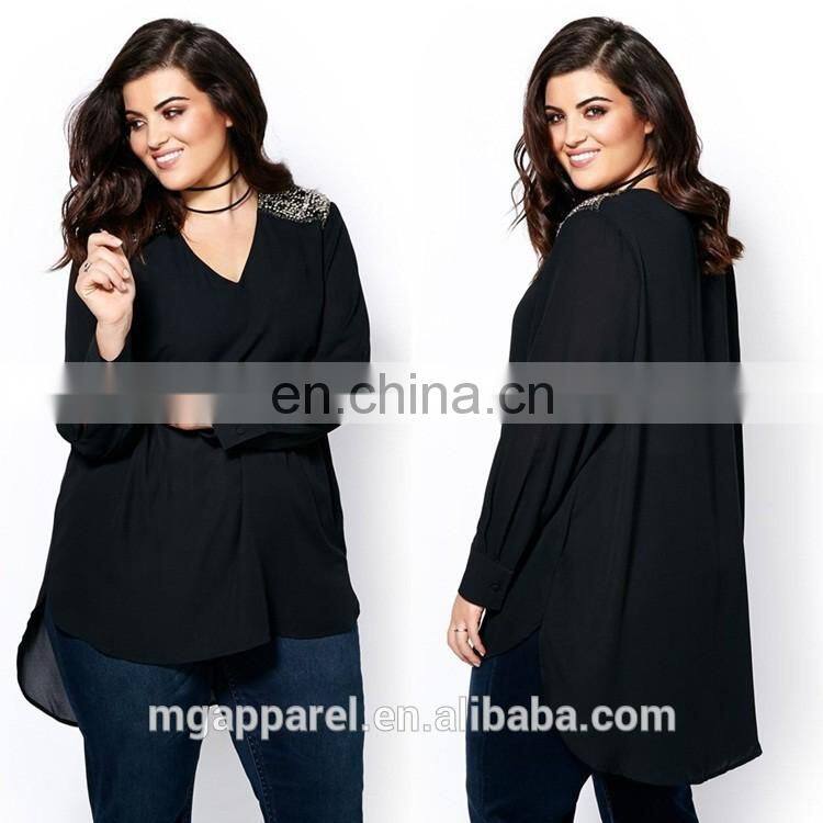 Casual Blouse For Fat Woman Fashion Design Long Sleeve Beaded Lady Blouse