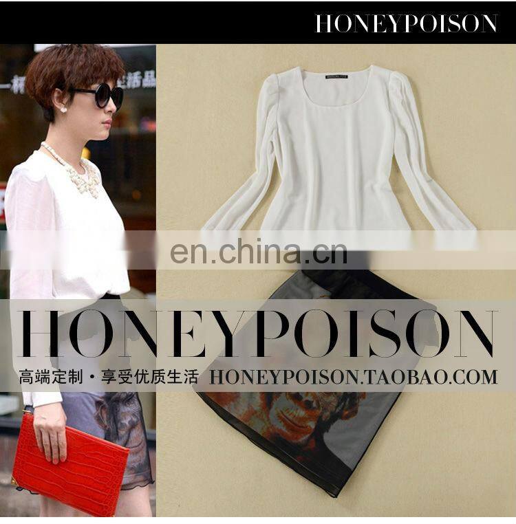 2014 Latest style long sleeve chiffon printed women dress