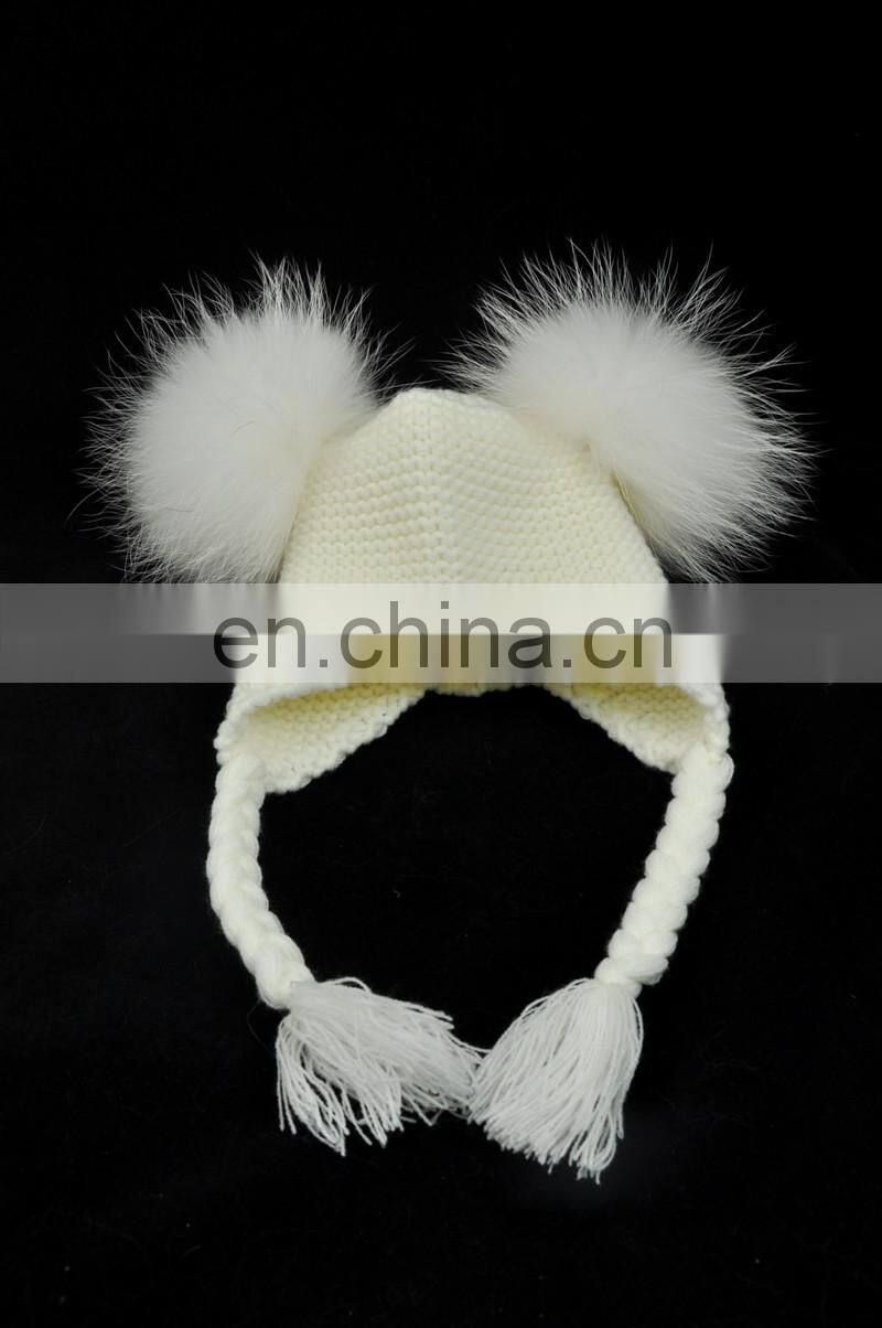 High Quality Fashionable Kids Beanie Hats With Two Fur Pom Poms Baby Fur Hat
