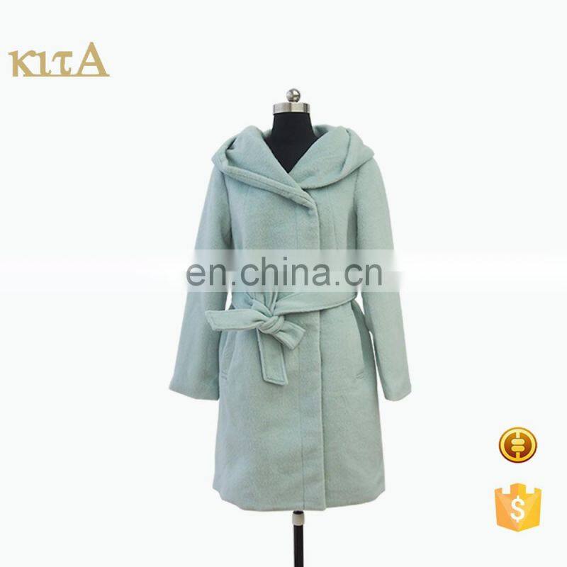 women fashion blue wrap coat with hood and belt