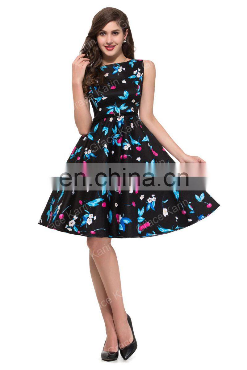 Grace Karin Many Colors Sleeveless Cotton Cheap Short 50s Retro Print Dress CL6086-17#
