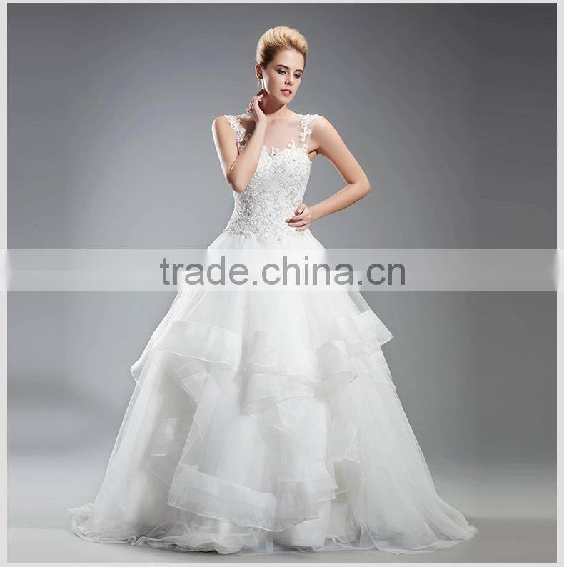 2014 new design round neckline organza alibaba wedding dress with applique
