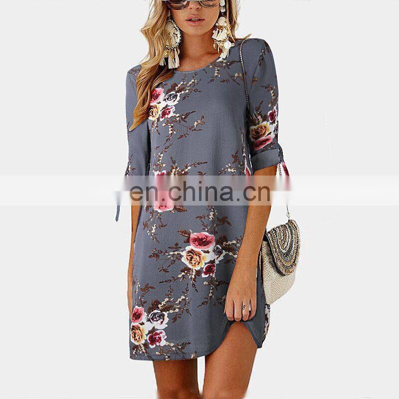 Manufacturers wholesale custom women's chiffon printed round neck three-quarter sleeve dress casual fashion short skirt plus
