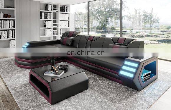 2021 Multi-functional living room sofa set furniture top grain leather sectional Sofa with LED light