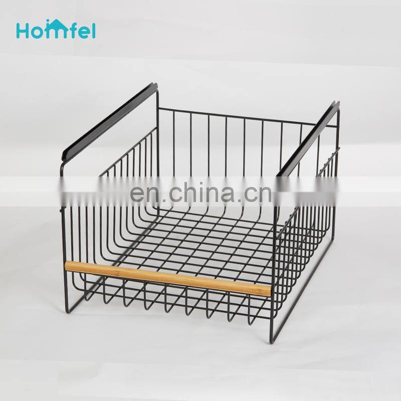 Multifunctional Black Stacking Wire Basket Lightweight Metal Organizer Rack Storage Basket wood