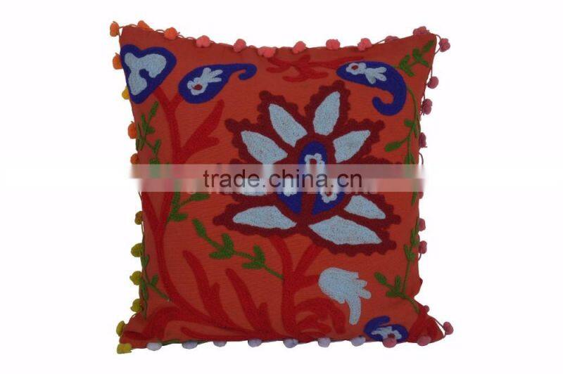 Suzani Embroidered Cushion Cover Boho Throw Indian Pom Pom Pillow Cases 16x16