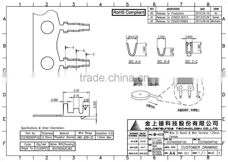 Pitch 1.25 mm Wire to Wire Connector Terminal