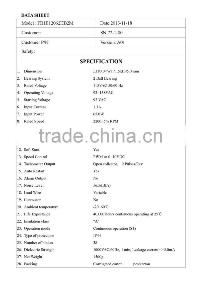 PSC EC 230V single inlet blower 120mm with CE for automotive industry over 23 years