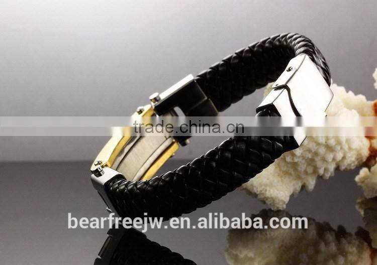 Fashion Solid Stainless Steel Cross Braide Leather Bangle Bracelet Men Jewelry