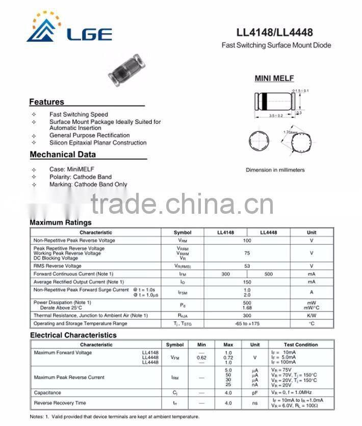 LL4448 small signal switching diode 0.15A 100V mini melf