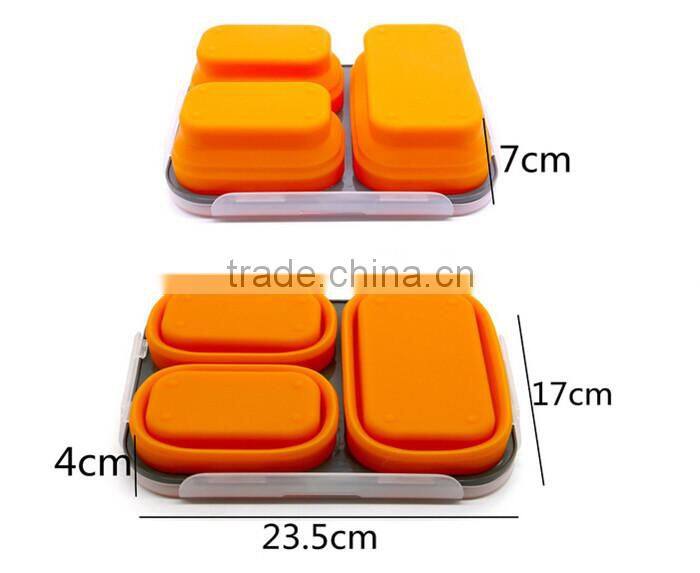 Silicone Lunch Box Bento Box,Collapsible BPA-Free Silicone Lunch Box with 3 Compartments and Cutlery - Orange