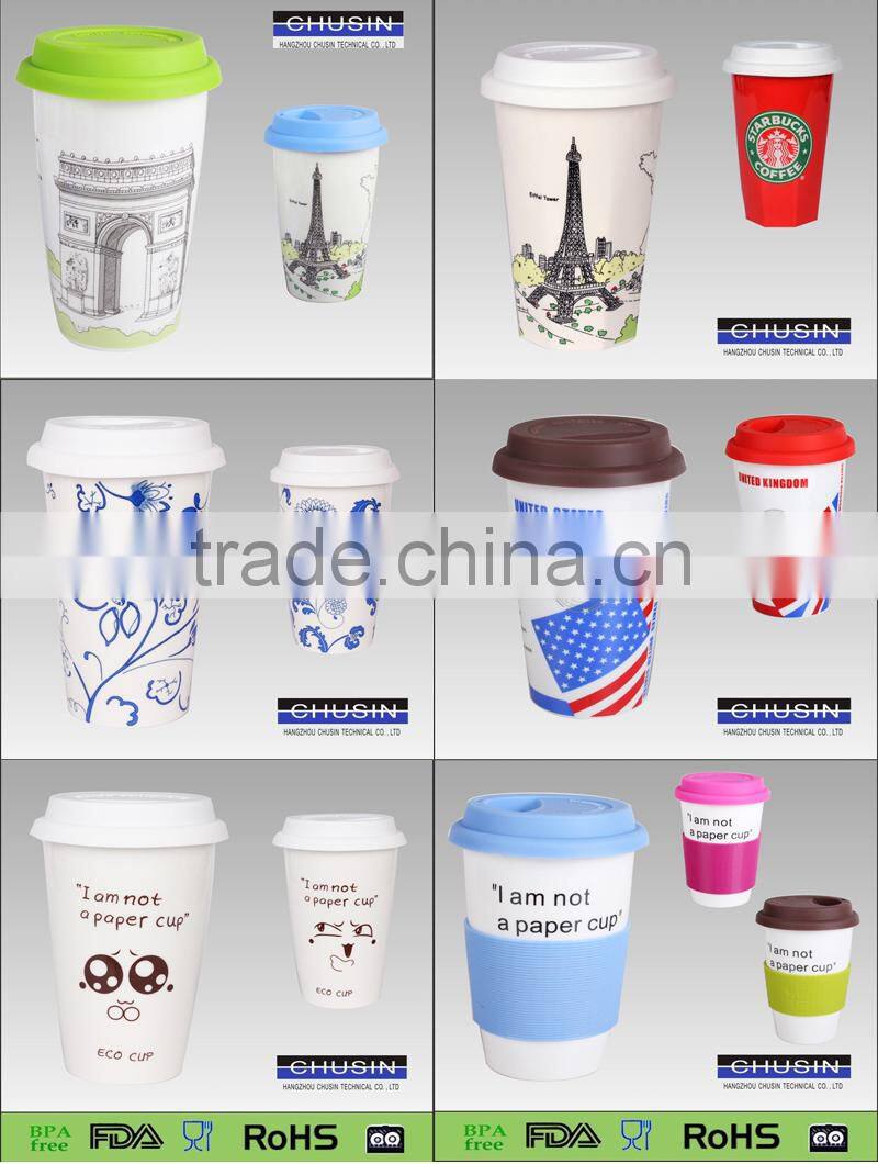 eco ceramic coffee cup with silicone sleeve and lid