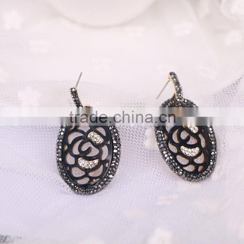 Flower Design Metal Enamel Earring, Metal Copper Gold Cuff Earrings, pave rhinestone stud Earring