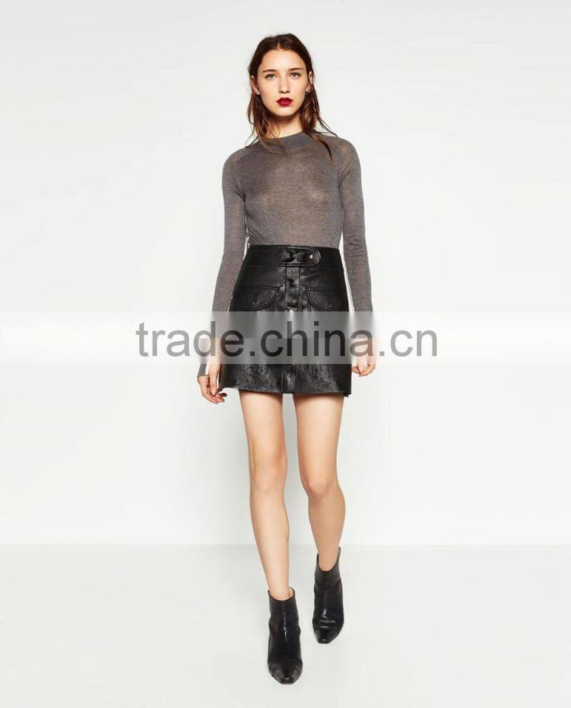 Black Leather pocket design structure skirts ladies, Mini skirts 2016