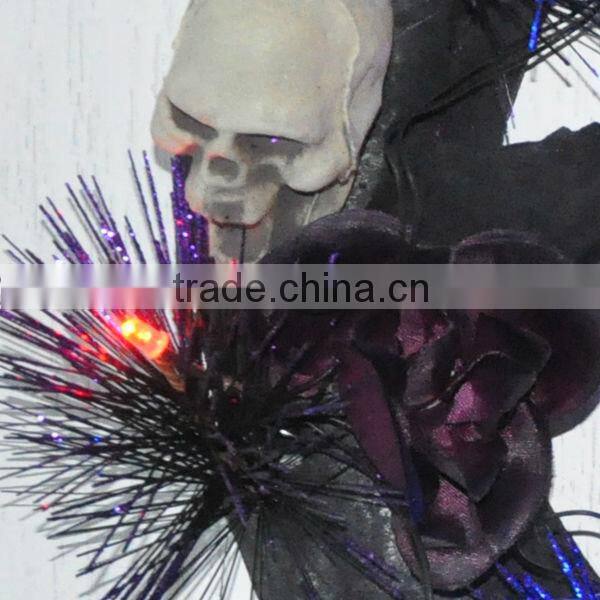 Purple rose light up wreath with skull decor for wall decoration of halloween holiday