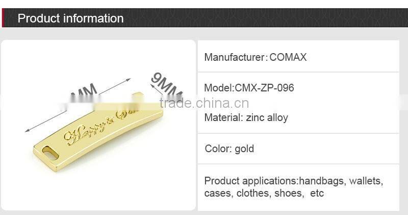 Design zinc alloy bag accessory arc shape gold custom metal zipper puller